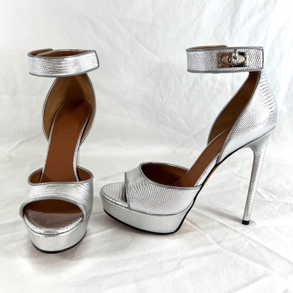 GIVENCHY Silver Leather Lizard Embossed Shark Lock Ankle Strap Sandals 40 - 10US - Picture 1 of 15